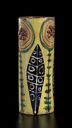 ELIO SCHIAVON (1925-2004)<br>Vaso cilindrico giallo con decoro di fiori verdi
