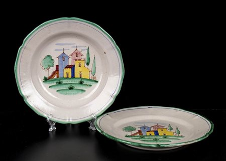 CAS VIETRI <br>Piatto e scodella con paesaggio e bordo verde