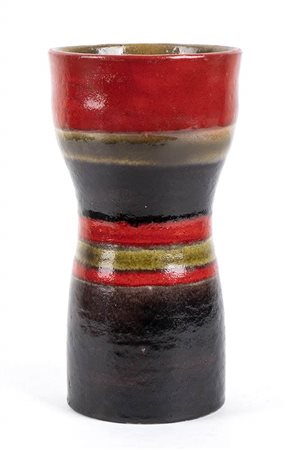 GAMBONE <br>Vaso nero a righe colorate rosse e ocra