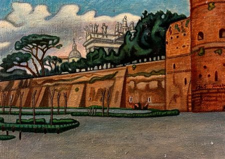 Benvenuto  Ferrazzi (Roma 1892-1969)  - Veduta di San Giovanni dalle Mura Aureliane, 1945