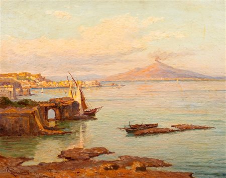 Carlo Ferranti (Roma 1840-1908)  - Coppia di dipinti con vedute di Napoli e Capri