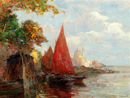 Eugenio Bonivento (Chioggia 1880-Milano 1956)  - Venezia, barche all'ormeggio presso l'isola di San Giorgio