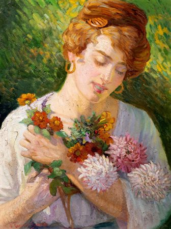 Virginia Tomescu Scrocco (Bucarest 1886-Tivoli 1950)  - Ritratto di Amelia con i fiori