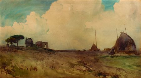 Onorato Carlandi (Roma 1848-1939)  - Capanne nella Campagna Romana
