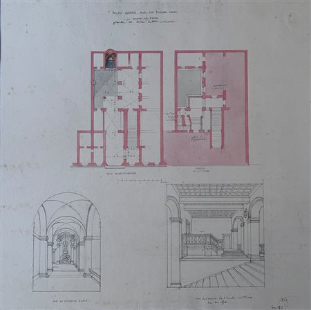 Augustin-Théophile Quantinet (Parigi 1795-1867)  - Lotto di cinque studi architettonici di palazzi di Roma, tra cui il Palazzo del Collegio del Nazareno