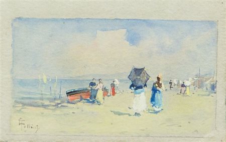 FOLLINI CARLO Domodossola (NO) 1848 - 1938 Pegli (GE) "In spiaggia" 9,5x15...