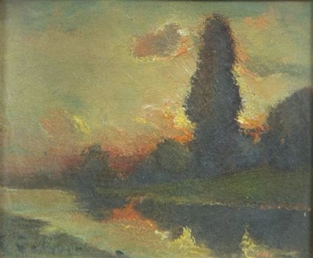COLMO GIOVANNI Torino 1867 - 1947 "Lungo il fiume" 11x13 olio su cartoncino...
