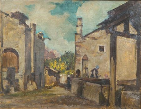 GACHET MARIO Torino 1879 - 1981 "Borgo alpino" 35x45 olio su cartone Opera...