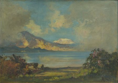 GACHET MARIO Torino 1879 - 1981 "Il Lago d'Orta" 50x70 olio su cartoncino...