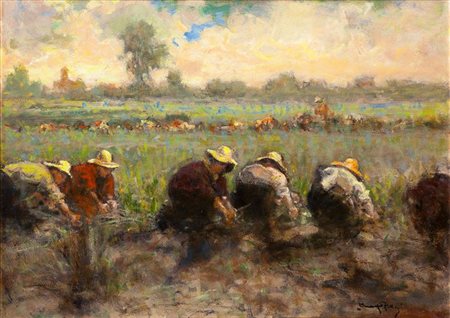 ZOLLA VENANZIO GB 1880 - 1961 Torino "Contadine al lavoro" 49x69 olio su...