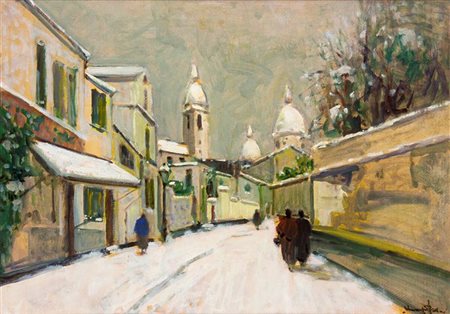 ZOLLA VENANZIO GB 1880 - 1961 Torino "Strada di città innevata" 50x70 olio su...