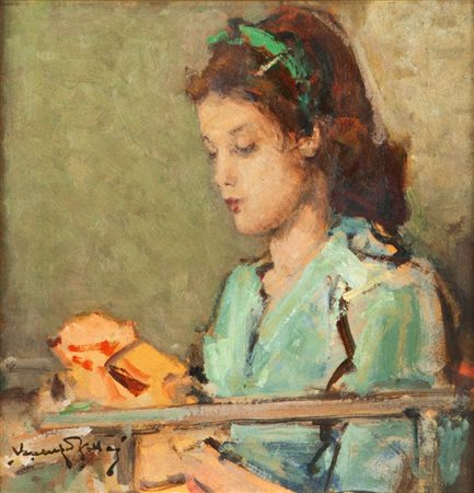 ZOLLA VENANZIO GB 1880 - 1961 Torino "Ritratto di fanciulla" 29x29 olio su...