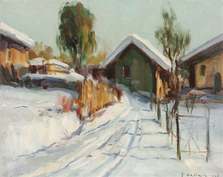 VELLAN FELICE Torino 1889 - 1976 "Case innevate" 1962 41x 50 olio su tavola...