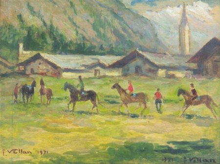VELLAN FELICE Torino 1889 - 1976 "Passeggiata a cavallo a Gressoney" 1961...