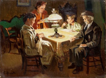 FILIPPELLI CAFIERO Livorno 1889 - 1973 "Lieta serata" 30x40 olio su cartone...