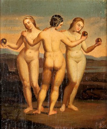 PITTORE ANONIMO DEL '900 "Le tre grazie" 21x18 olio su tavoletta