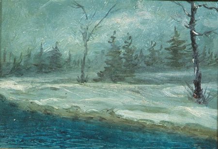 ORTOLANI ENRICO (SCUOLA) "Peasaggio innevato" 16x21 olio su cartoncino