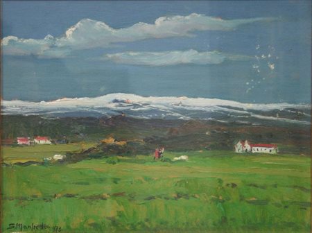 MANFREDI SERGIO Torino 1932 "Nel verde" 1973 30x40 olio su compensato Opera...