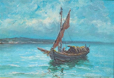 AUTORE NON IDENTIFICATO "Paesaggio con barca" 15,5x22 olio su cartoncino...
