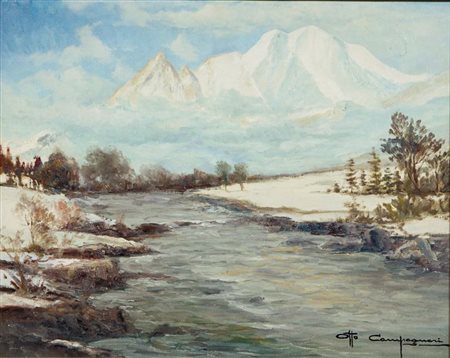 CAMPAGNARI OTTO Torino 1952 "Il Monte Bianco dalla Val Ferret" 40x50 olio su...