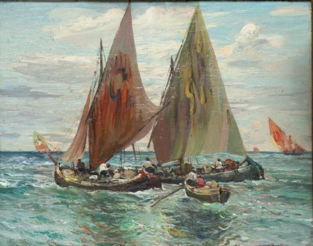 PRATELLA FAUSTO Napoli 1888 - 1964 "Pescatori" 24x30 olio su tavola Opera...