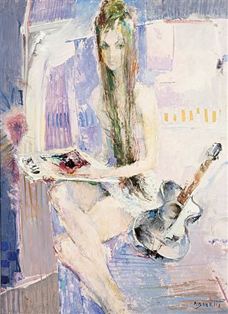 BARETTA MICHELE Vigone (TO) 1916 - 1987 "Donna con giornale e chitarra" 70x50...