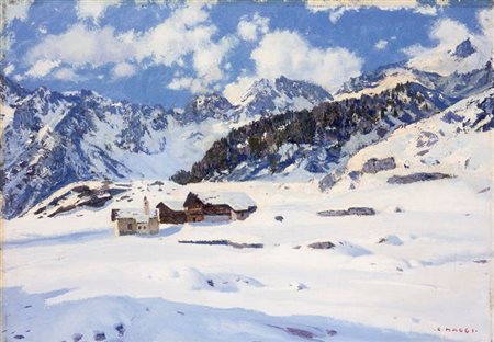 MAGGI CESARE Roma 1881 - 1961 Torino "Neve a Bardonecchia" 70x100 olio su...