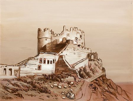 GAZZERA ROMANO Ciriè (TO) 1908 - 1985 "Castello sul Tirreno" 1955 35x45 olio...