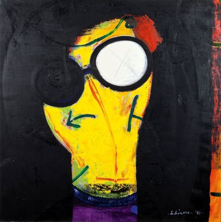 AIMONE NINO Torino 1932 "Occhiali sul giallo" 1990 100x100 olio su tela Opera...