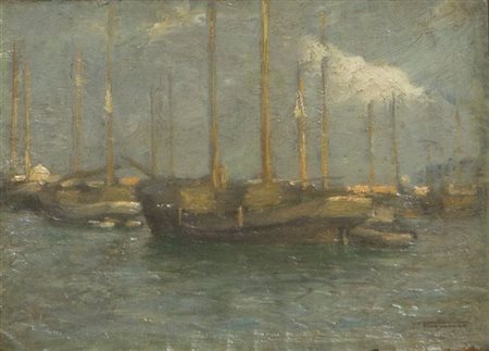 FRAGIACOMO PIETRO Trieste 1856 - 1922 Venezia "Vele al porto" 12,5x18 olio su...