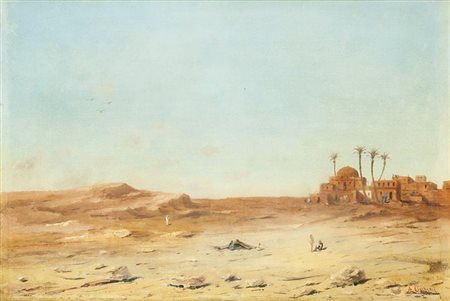 SCUOLA DI ALBERTO PASINI "Paesaggio arabo" 32x46 olio su tela