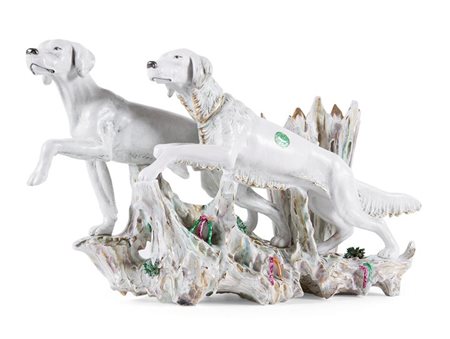 GIRARDI P . "Cani da caccia" 29x47 scultura in ceramica policroma Opera...