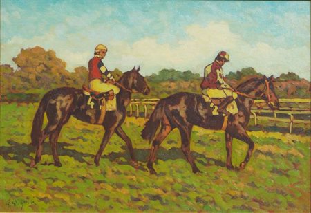 BIGAZZI PAOLO 1945 "Cavalli prima della corsa" 35x50 olio su tela Opera...