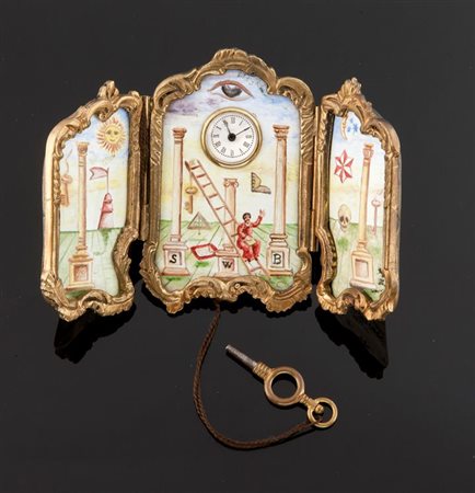 OROLOGIO MASSONICO Piccolo orologio da scrivania a forma di trittico, in...