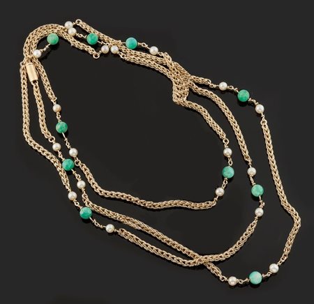 COLLANA Collana in oro giallo lavorata a maglie alternate a piccole perline e...