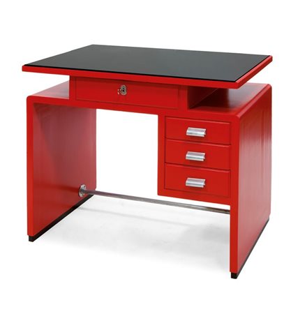 SCRIVANIA Piccola scrivania razionalista da centro. Legno laccato, cristalli...