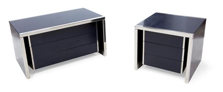 SAPORITI Coppia di comodini in legno di frassino laccato blu con profili in...