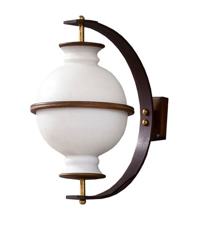 RADICE GIGI Due lampade in vetro opal mat e legno di teak. Prod. Reggiani...