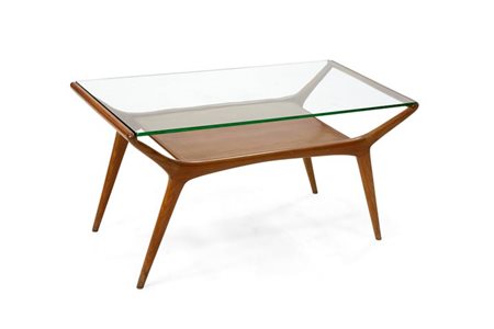 TAVOLINO Tavolino in legno di ciliegio e piano in cristallo. cm 42x82x44