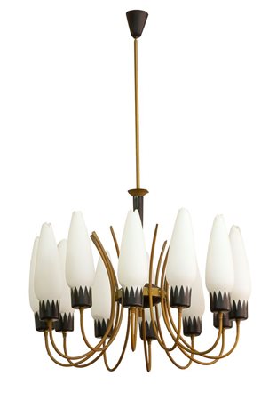 LAMPADARIO Lampadario a dodici luci in ottone e metallo laccato nero,...