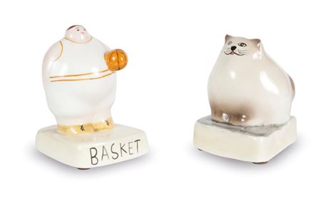 RONZAN ANTONIO Coppia di statuine in ceramica policroma raffiguranti un gatto...
