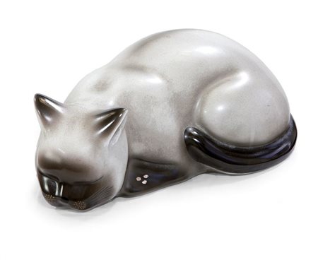 FORNASETTI PIERO Gatto siamese accovacciato in ceramica decorata Marcato...
