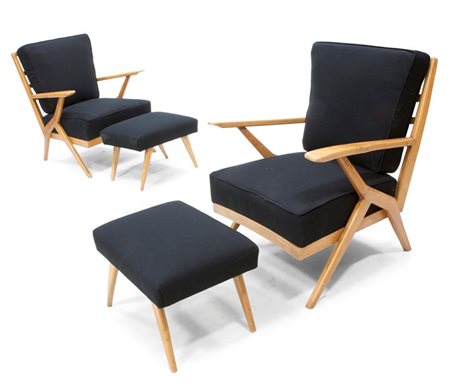 POLTRONE Coppia di poltrone con poggiapiedi in legno di faggio con...