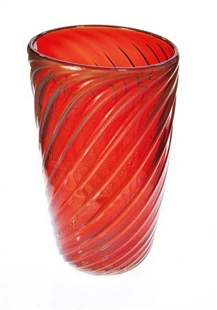 TOSO STEFANO Vaso a cordoni rosso, cristallo e foglia d'oro. Firma incisa...