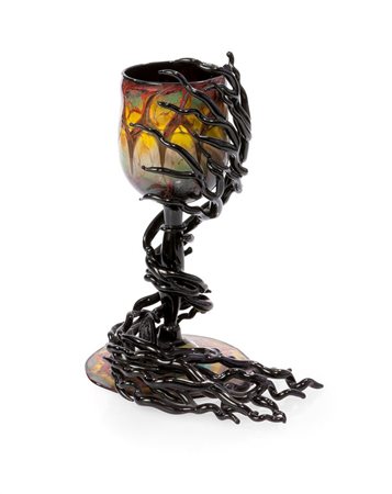 BOSCOLO A. Bicchiere in vetro viola con decorazioni policrome e decorazione...