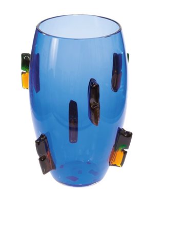 NESPOLO UGO Peton Vaso in vetro bluino con decorazioni verde/ambra applicate...
