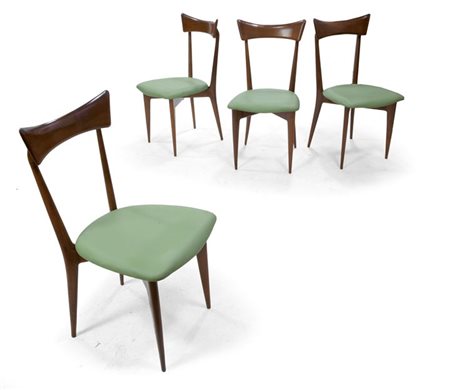PARISI ICO (ATTR.) Quattro sedie in legno di noce con rivestimento in simil...