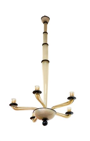 LAMPADARIO Lampadario a cinque bracci in vetro color paglierino e profili in...