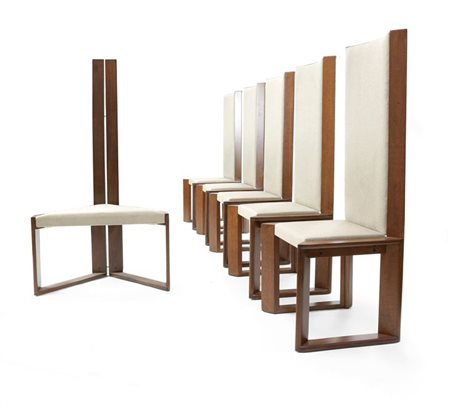 SEDIE Sei sedie in legno tinto noce imbottite inn tessuto a righe. Il...