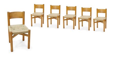 PERRIAND CHARLOTTE Meribel Sei sedie in rovere con sedile in paglia. 1956 cm...